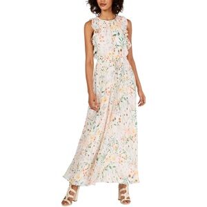 Maxi Chiffon Dress 10 Boho Western Cowgirl Calvin Klein Floral Scoop Neck Ruffle